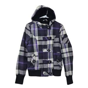 Y2K Fox Rider Faux Fur Lined Plaid Hoodie Jacket Purple/Black Size Medium